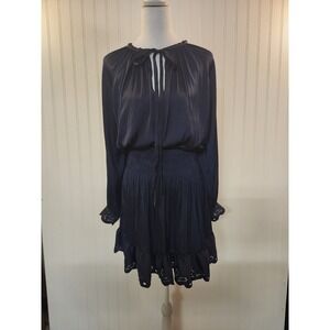 Sfera Women  Navy Satin Smock Waist Eyelet Hem & Cuff Mini Dress Size S Silky